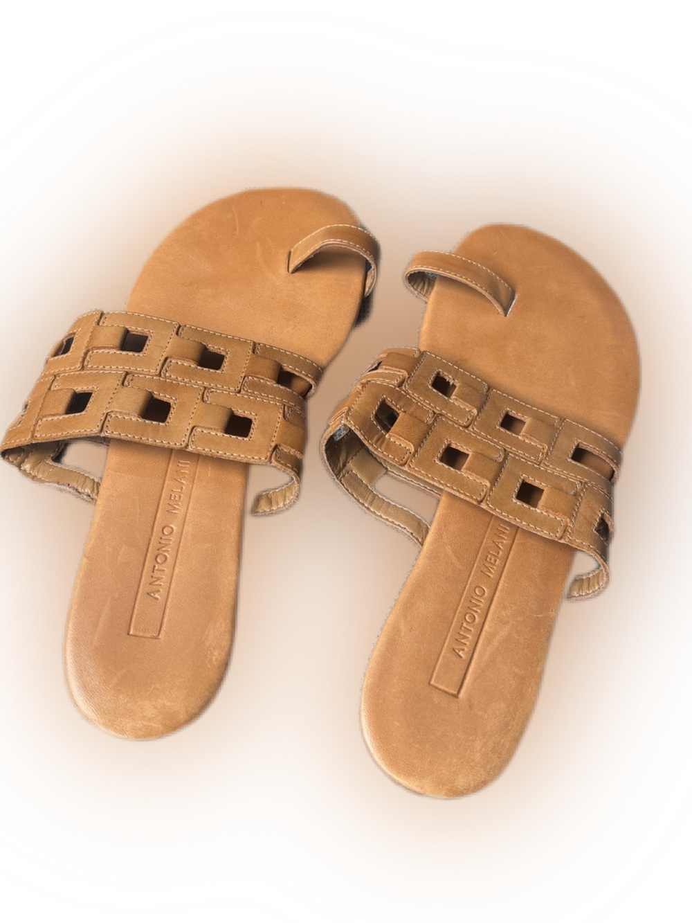 Antonio Melani Leather Woven Toe-Loop Sandals Tan 6.5